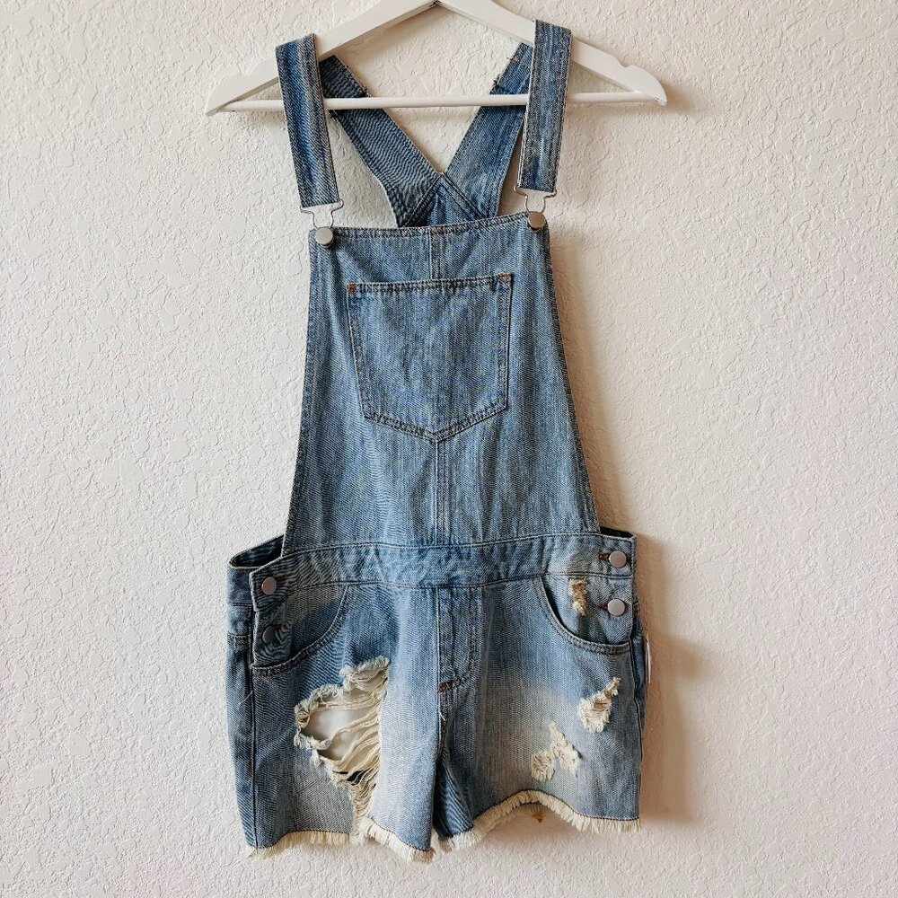 Fire Los Angeles jean overalls shortalls in light wash distressed size M NWT